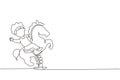 Single continuous line drawing Boy riding spring horse see saw, kid having fun on playground. Kids riding toy horse rocking. Happy Royalty Free Stock Photo