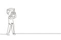 Single continuous line drawing boy taking picture with pocket camera. Photographers taking photo with digital cameras. Photography