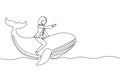 Single continuous line drawing brave businesswoman riding huge dangerous blue whale. Professional entrepreneur female character.