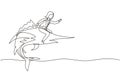 Single continuous line drawing brave businesswoman riding huge dangerous marlin fish. Professional entrepreneur female character