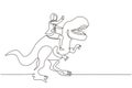 Single continuous line drawing brave businesswoman riding huge dangerous tyrannosaurus. Professional entrepreneur female character