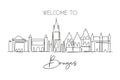Single continuous line drawing of Bruges city skyline, Belgium. Famous skyscraper landscape. World travel home wall decor poster