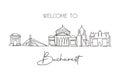 Single continuous line drawing of Bucharest city skyline, Romania. Famous city scraper landscape. World travel home art wall decor