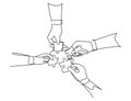 Single continuous line drawing of business team members unite puzzle pieces together to one as team building symbol. Employee