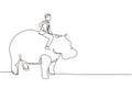 Single continuous line drawing businessman riding hippopotamus symbol of success. Business metaphor concept, looking at goal,