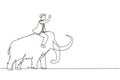 Single continuous line drawing businessman riding huge dangerous mammoth. Professional entrepreneur male character fight with