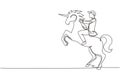 Single continuous line drawing businessman riding unicorn symbol of success. Business startup concept, looking at the goal,