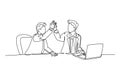 Single continuous line drawing businessmen celebrating their successive target at the business meeting with high five gesture.