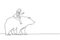 Single continuous line drawing businesswoman rides on bear in stock market trading concept. stock market analysis, business and