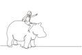 Single continuous line drawing businesswoman riding hippopotamus symbol of success. Business metaphor concept, looking at goal,
