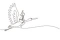 Single continuous line drawing businesswoman riding stork symbol of success. Business metaphor concept