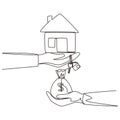 Single continuous line drawing buying-selling houses, refinance your houses, change assets capitalization. Buying a house. Sale