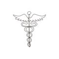 Single continuous line drawing caduceus, medical center, pharmacy, hospital with popular symbol of medicine. Medical health care Royalty Free Stock Photo