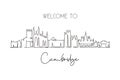 Single continuous line drawing of Cambridge city skyline, England. Famous city scraper landscape. World travel home wall decor art