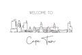 Single continuous line drawing of Cape Town skyline, South Africa. Famous city scraper landscape. World travel concept home wall