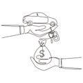 Single continuous line drawing car rental or sale concept. Hand of agent hold car key, hand of buyer hold gold money bag. Buying Royalty Free Stock Photo