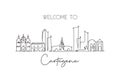 Single continuous line drawing of Cartagena skyline, Colombia. Famous city scraper landscape postcard. World travel destination