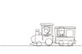 Single continuous line drawing cheerful boy and girl riding on train at amusement park. Happy kids riding toy train or having