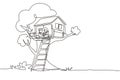 Single continuous line drawing child on tree house, little boy and girl playing on children playground, treehouse with wooden Royalty Free Stock Photo