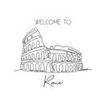 Single continuous line drawing Colosseum amphitheater. Iconic landmark place in Rome, Italy. World travel home decor wall art