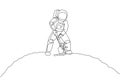 Single continuous line drawing of cosmonaut digging up soil using metal shovel in moon surface. Galaxy astronaut farming life