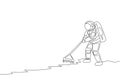 Single continuous line drawing cosmonaut leveling and flattening land using metal rake in moon surface. Galaxy astronaut farming