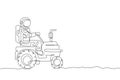 Single continuous line drawing of cosmonaut riding tractor to leveling and flattening the ground in moon surface. Galaxy astronaut