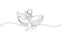 Single continuous line drawing of cosmonaut with spacesuit riding blue whale, giant mammal animal in universe. Fantasy astronaut