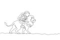 Single continuous line drawing of cosmonaut with spacesuit riding lion, wild animal in moon surface. Fantasy astronaut safari