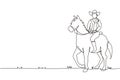 Single continuous line drawing cowboy riding standing horse at desert. Man with cowboy hat riding horse. Senior men pose elegance