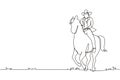Single Continuous Line Drawing Cowboy Silhouette Riding Horse At Sunset. Wild West Hero, Mustang And Person Outdoor, Cowboy And