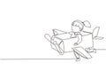 Single continuous line drawing creative girl playing as a pilot with cardboard airplane. Happy kids riding cardboard handmade