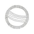 Single continuous line drawing cricket ball leather hard circle stitch close-up. Sports equipment. Summer team sports. Swirl curl