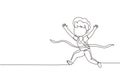 Single continuous line drawing cute boy run in race and win first place. Little kid running to finish line first, children