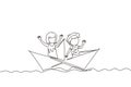 Single continuous line drawing cute boys and girls floating on paper boat on the water. Happy smiling kid having fun and playing