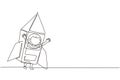 Single continuous line drawing cute creative little boy playing as astronaut. Happy and lovely kid in rocket costume made of Royalty Free Stock Photo