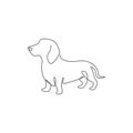 Single continuous line drawing of cute dachshund dog for logo identity. Purebred dog mascot concept for pedigree friendly pet icon