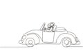 Single continuous line drawing cute elegant couple on road trip in vintage retro car. Happy Arabian man and woman in vehicle.