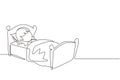 Single continuous line drawing cute girl sleeping on tonight dreams, good night and sweet dreams. Happy little child sleep in bed