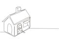 Single continuous line drawing cute little girl playing in house made of cardboard boxes. Creative child sitting in playhouse. Royalty Free Stock Photo