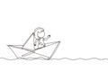 Single continuous line drawing cute smiling little girl sailing on paper boat. Happy smiling kid having fun and playing sailor in