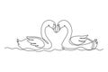 Single continuous line drawing of cute swans couple swimming on lake and their heads formed romantic heart shape. Romantic animal Royalty Free Stock Photo