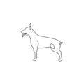 Single continuous line drawing of dashing doberman dog for security company logo identity. Purebred dog mascot concept for