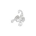 Single continuous line drawing of deadly scorpion for company logo identity. Lethal arthropod mascot concept for martial art club