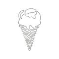 Single continuous line drawing delicious ice creams in crispy cone waffles. Tasty sweet ice-cream. Cold summer desserts. Swirl