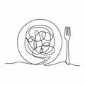 Single continuous line drawing of delicious spaghetti with fork. Italy pasta noodle restaurant concept hand draw line art design