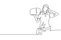 Single continuous line drawing deliverywoman with call me gesture, carrying the package box to be delivered to customers with the