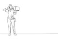 Single continuous line drawing deliverywoman stands with call me gesture carrying package box that customer order to be delivered