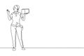 Single continuous line drawing deliverywoman stands with gesture okay carrying package box that customer order to be delivered