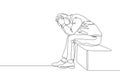 Single continuous line drawing of depression young worker sitting on chair and holding his head because of confused. Work pressure